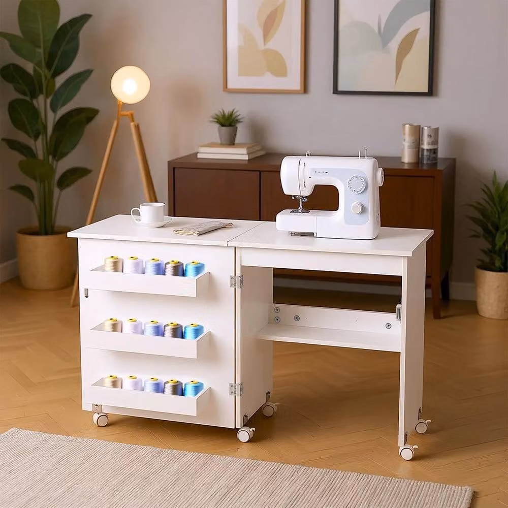 KORVIXA White Folding Sewing Table with Castors and Storage, W/D: 100 x 100 cm – 3