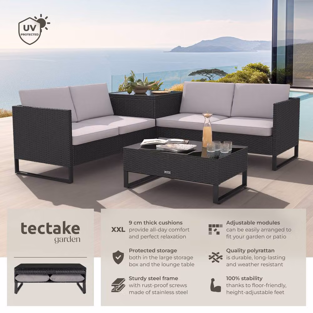 tectake Ostuni 4-Person Garden Furniture Set in Black with Upholstered Cushions and Glass Coffee Table – 2