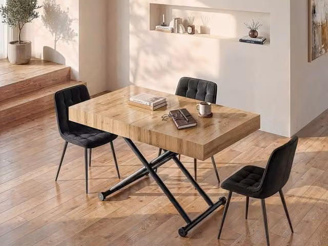 Vente-unique Extendable and Height Adjustable 2-in-1 Rectangular Dining Table in Black and Brown MDF and Metal, W/D/H: 120 x 90 x 75 cm – 1