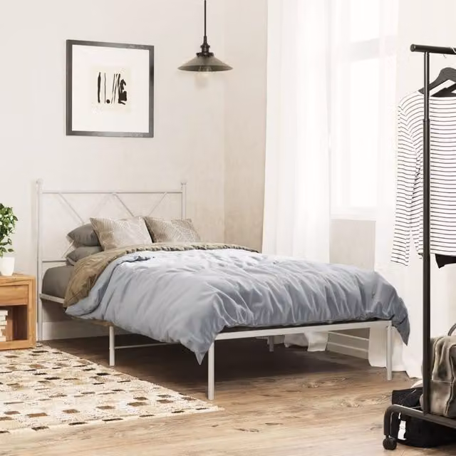 Berkfield Home Metal Bed Frame with Headboard in White, W/D/H: 90 x 200 cm