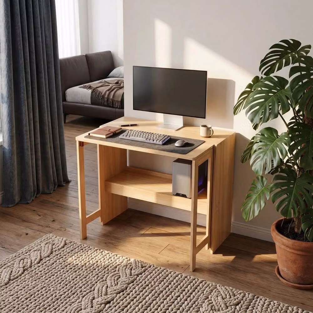 KORVIXA Natural Wood Folding Computer Desk in Brown and Sand, Width: 100 cm – 3