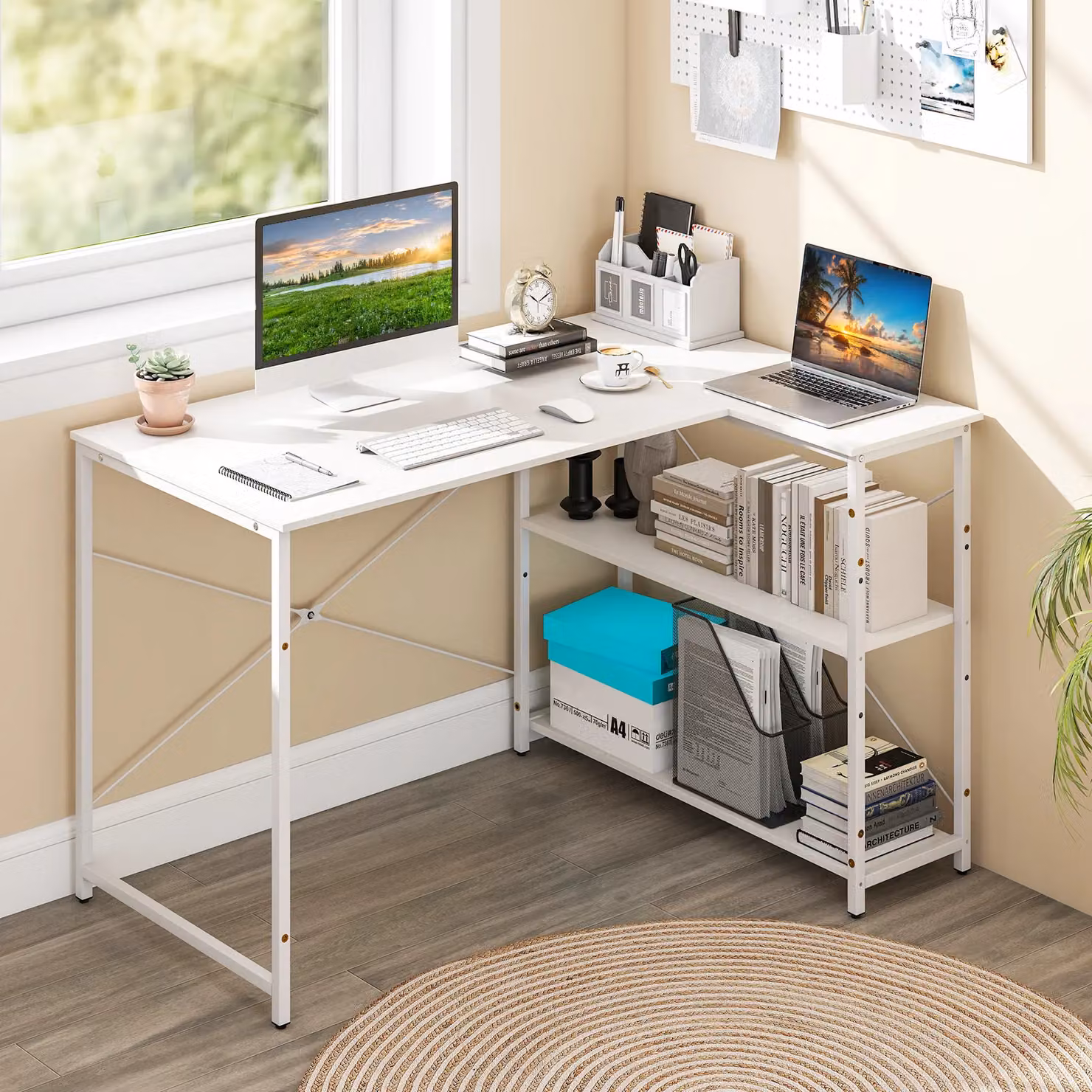 Gymax Reversible L-shaped Corner Computer Desk with Adjustable Shelf in White – 4