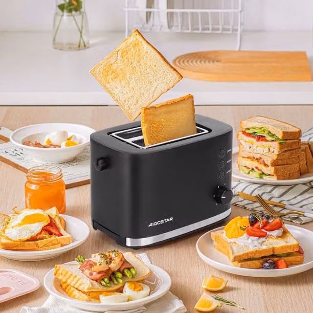 Aigostar 2 Slice Toaster with Warming Rack and Cable Storage in Black