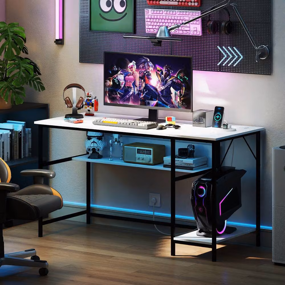 Costway Modern White Computer Desk with Charging Station and 4 Power Outlets, W: 140 cm, D: 60 cm – 3
