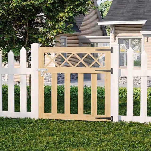 Livingandhome Spruce Wood Garden Fence Single Gate with Wire Mesh Design in Soft Yellow, Width: 90 cm
