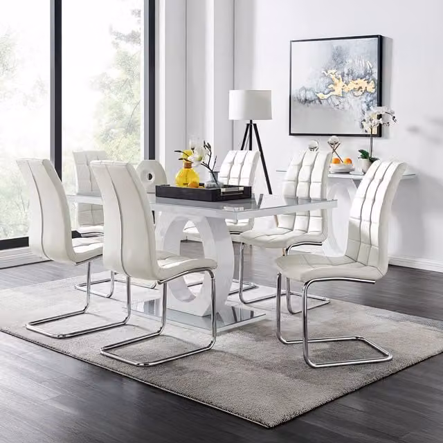 FurnitureboxUK Giovani Modern Grey Glass Rectangular Dining Table and 6 White Murano Faux Leather Chairs Set
