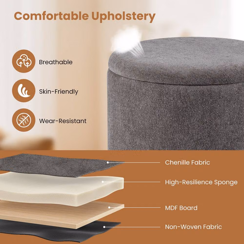 Costway Round Chenille Fabric Storage Ottoman and Footrest Stool with Removable Lid in Grey – 3