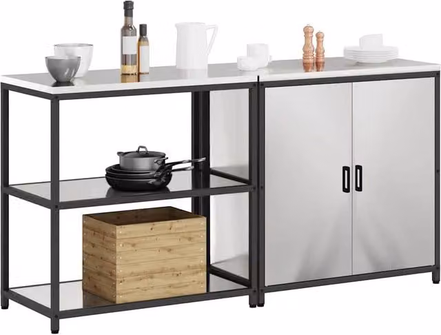 Berkfield Home Modern 2-Piece Silver Metal Kitchen Storage Set with Adjustable Shelves and Hinged Doors