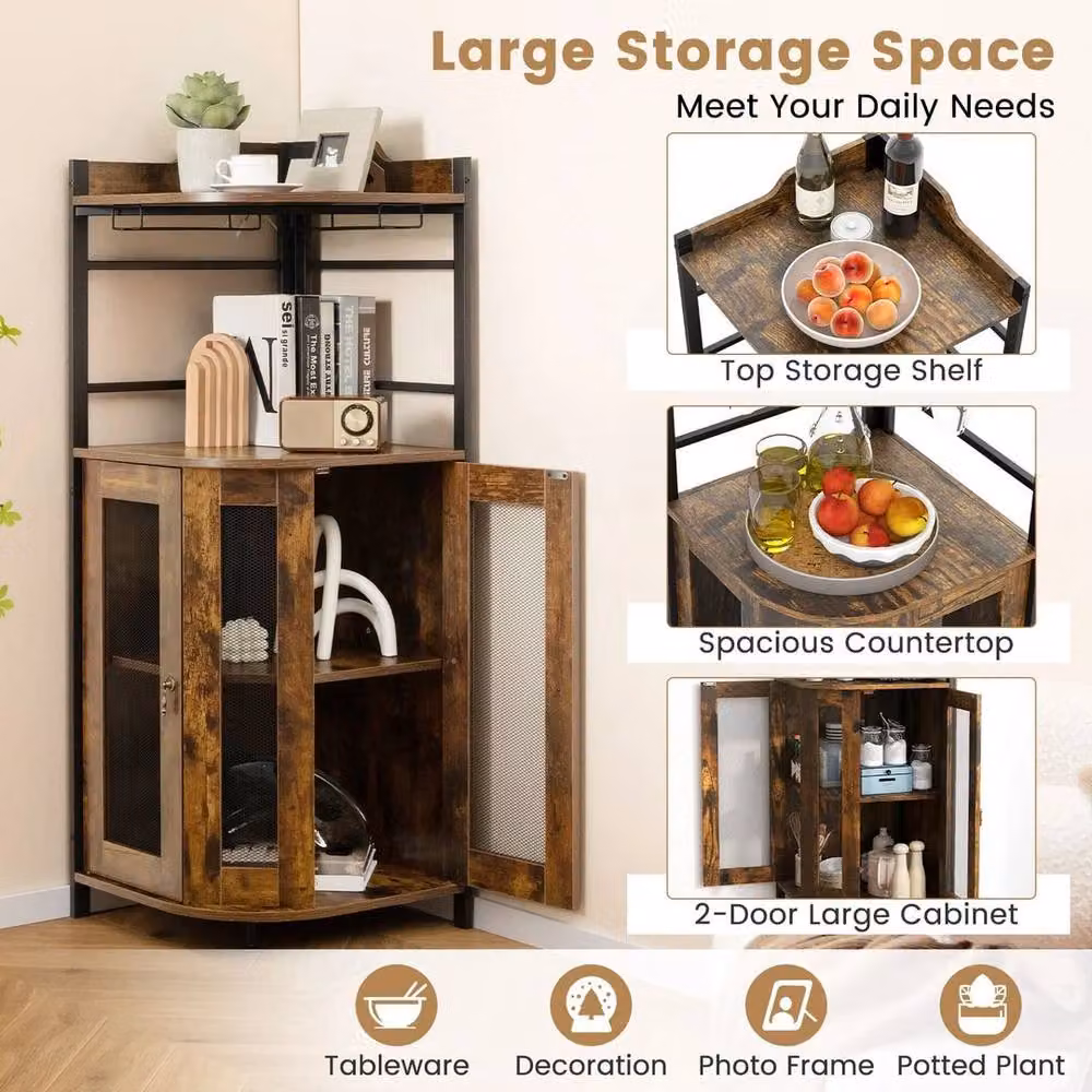Kelvenix Industrial Corner Wine Cabinet Buffet in Brown with Glass Doors – 3