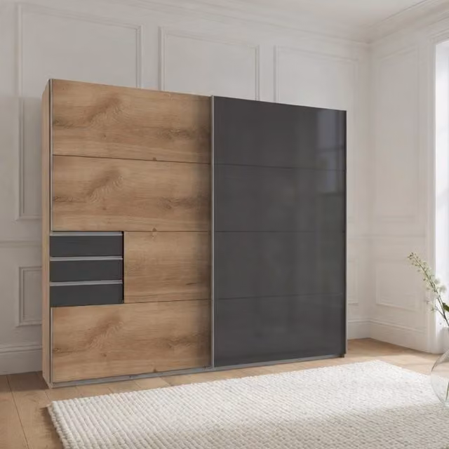 Saigon 225cm Modern Sliding Wardrobe in Oak and Black Glass