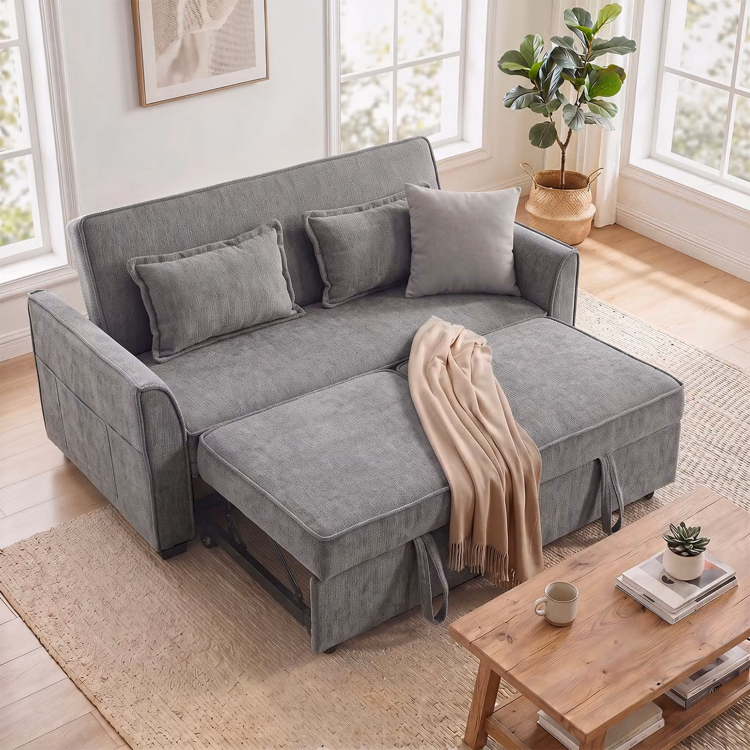 HOMCOM 2 Seater L-Shaped Convertible Sofa Bed in Grey with Click-Clack Sleeping Function and Solid Wood Frame, W/D/H: 142 x 186 x 85 cm – 2