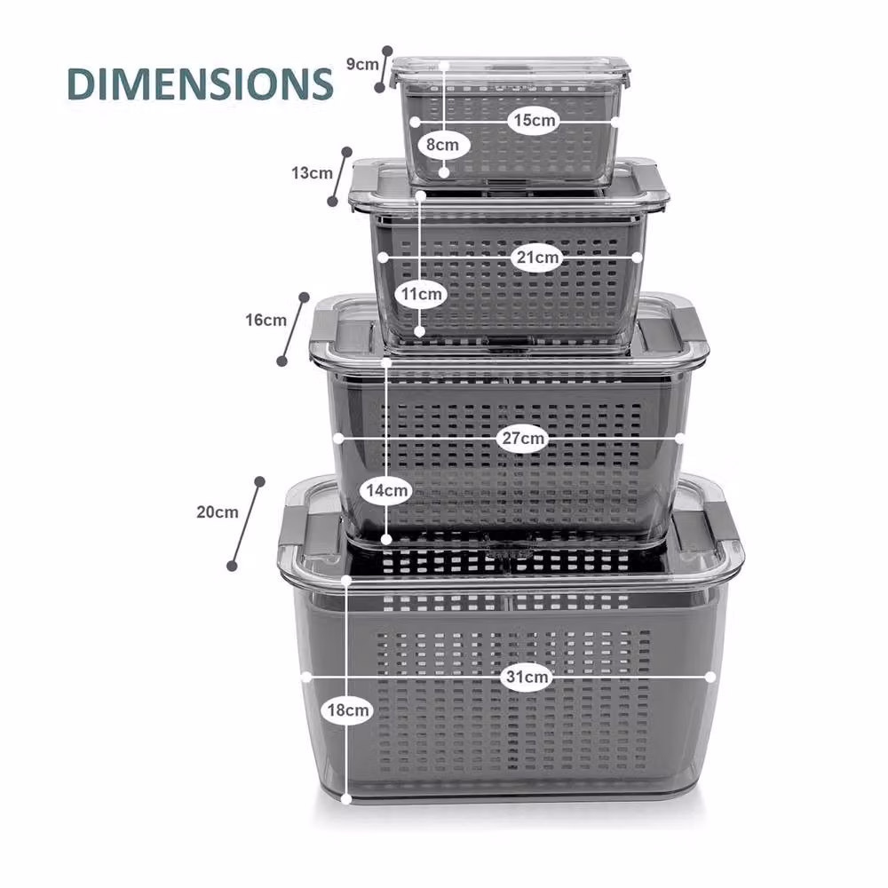 Nordara Grey Transparent 4-Piece Multipurpose Stackable Fridge Organiser Storage Box Set, W: 100 cm, D: 15 cm, H: 15 cm – 2