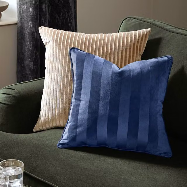 Paoletti Regency Striped Velvet Square Cushion in Blue, W x D: 45 x 45 cm – 1