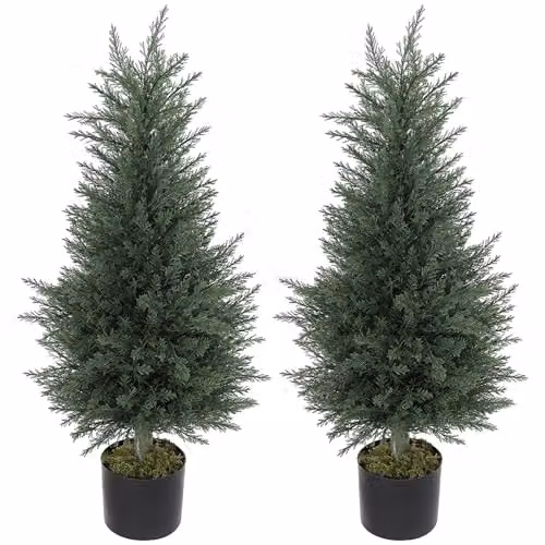 HOMCOM Set of 2 Green Artificial Cypress Trees with Plastic Pots, Height: 90 cm – 1