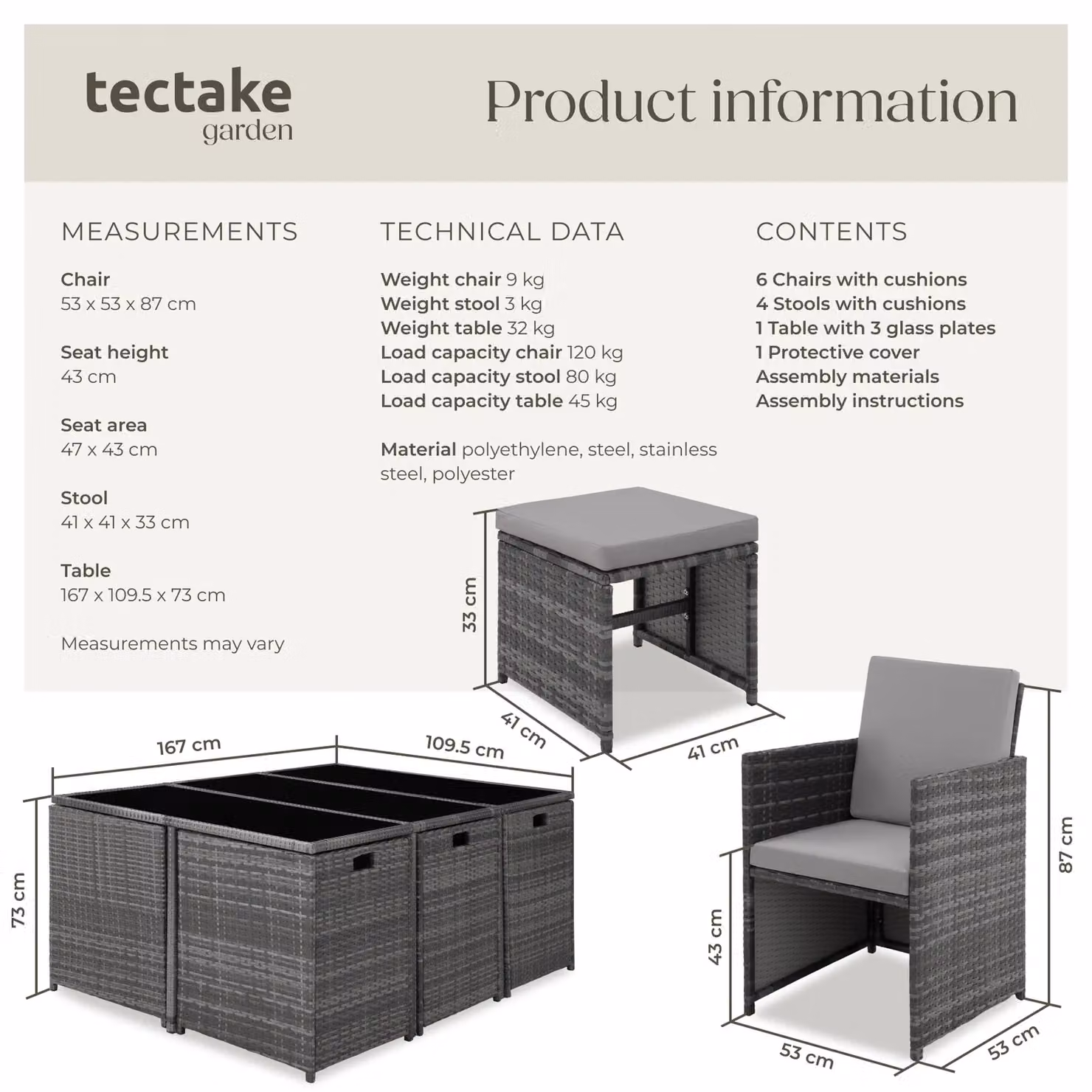 tectake Malaga Modern Extendable Rattan Garden Table and Chairs Set with Glass Top and Weather Resistant Cushions in Grey and Black – 7