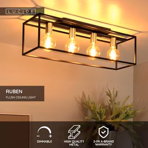 Lucide Ruben Black Metal Flush Ceiling Light with 4 x E27 Sockets – 2