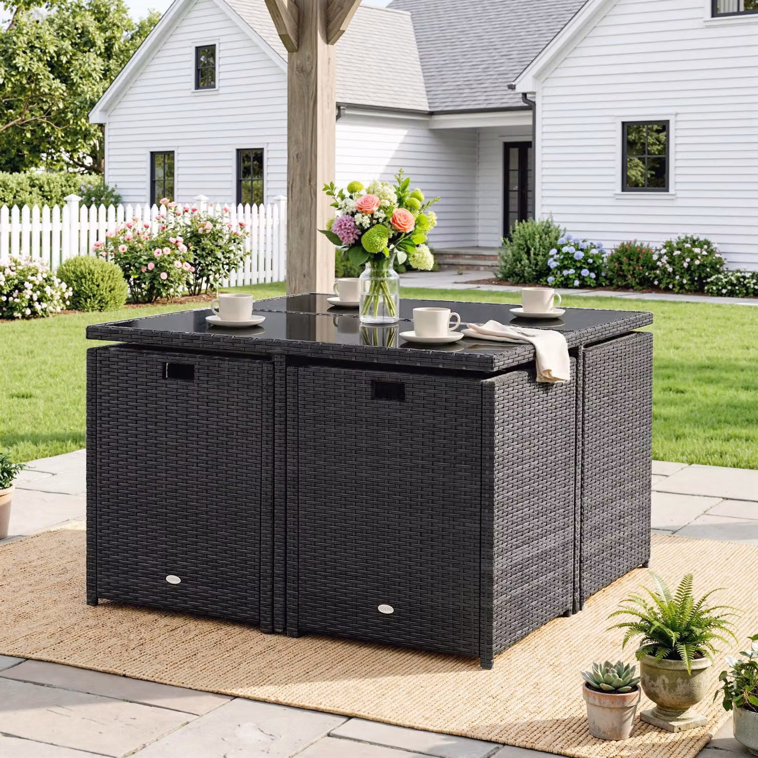 Outsunny 9-Piece Black Rattan Garden Dining Set with Glass Top Square Table and 8 Stools – 6