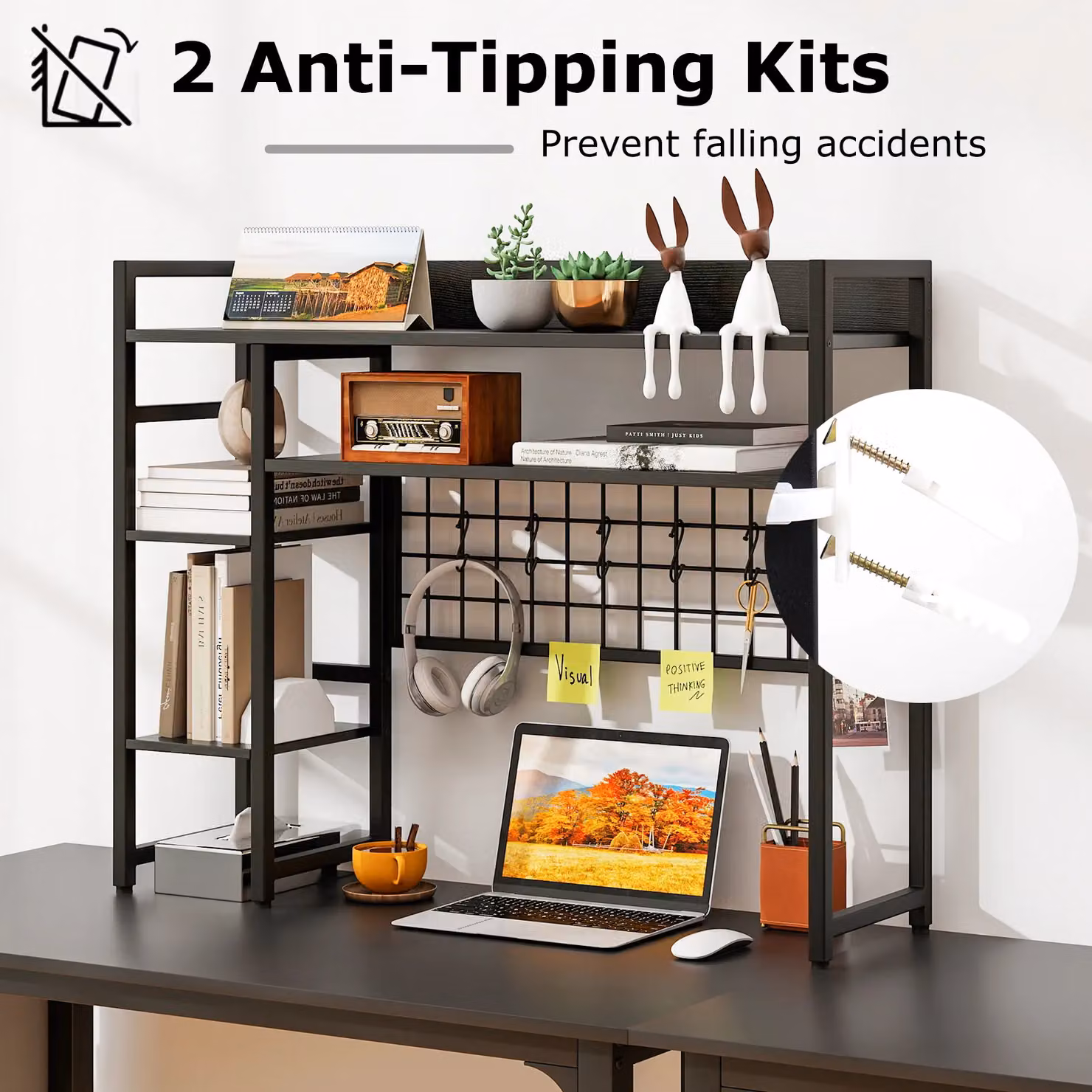 Gymax 4-Tier Metal Desk Shelf with Black Grid Panel and Matt Finish – 8