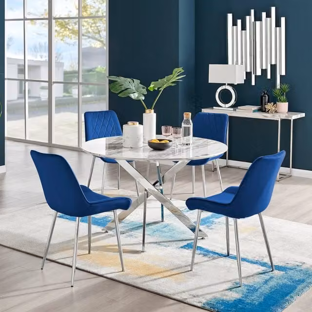 FurnitureboxUK Novara White Marble Effect Round Dining Table and 4 Pesaro Silver Chairs in Navy