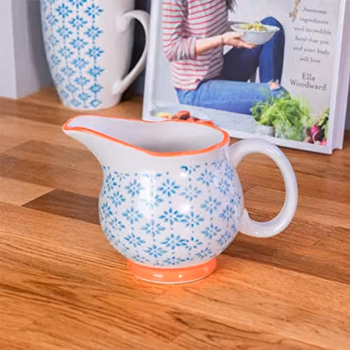 Nicola Spring Hand-Printed Floral Ceramic Milk Jugs, Blue, 300ml, Pack of 3 – 2
