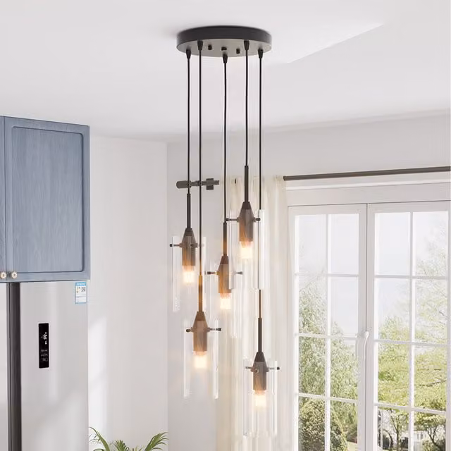 Komore Height-Adjustable Suspended Pendant Light with Transparent Glass Cylinder Shade in Black