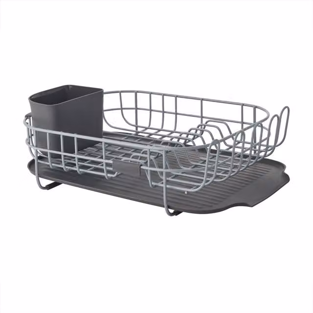 KitchenAid Low Profile Dish-Drying Rack with Cutlery Holder and Drip Tray in Grey Stainless Steel