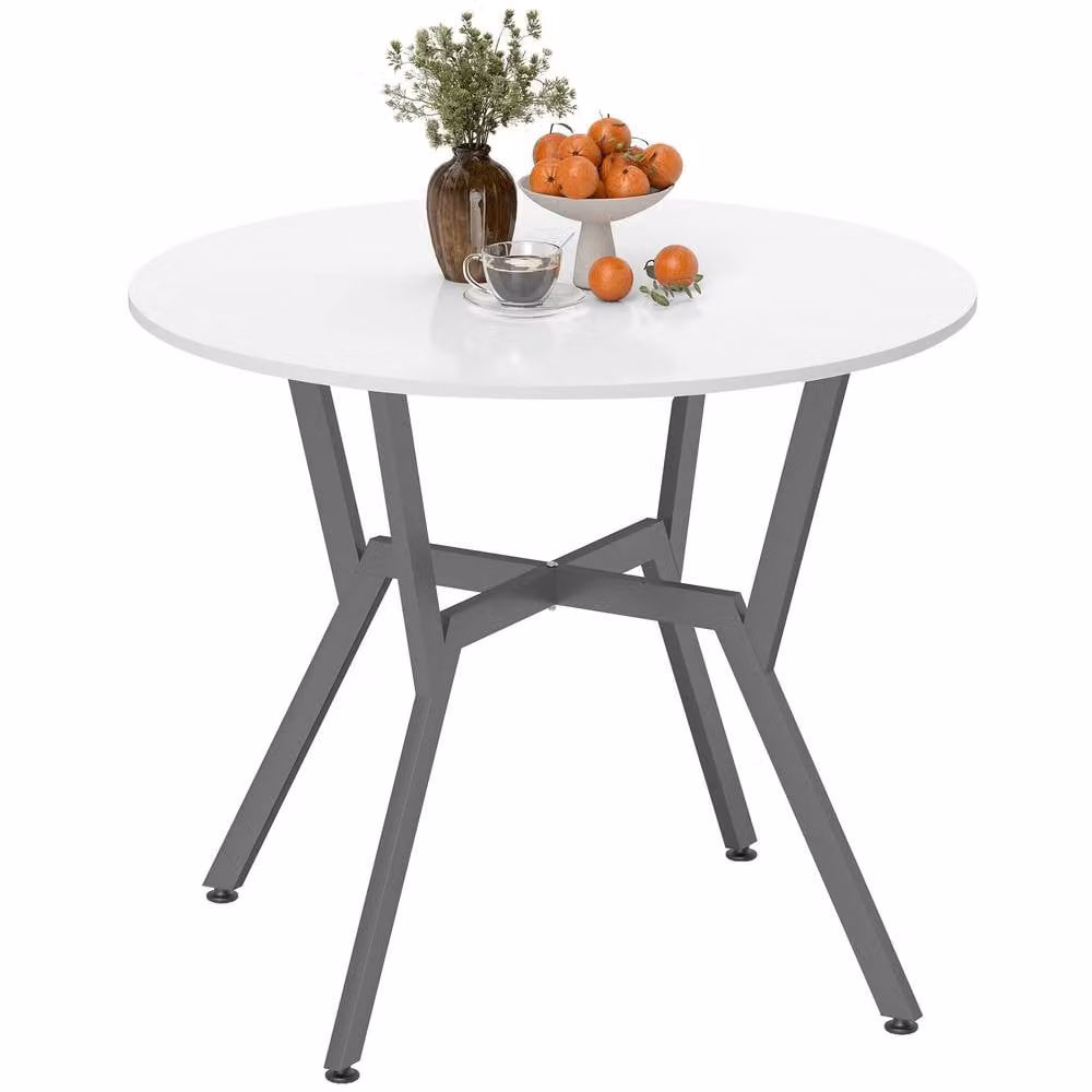 HOMCOM Round White Kitchen and Dining Table with Black Metal Legs – 2