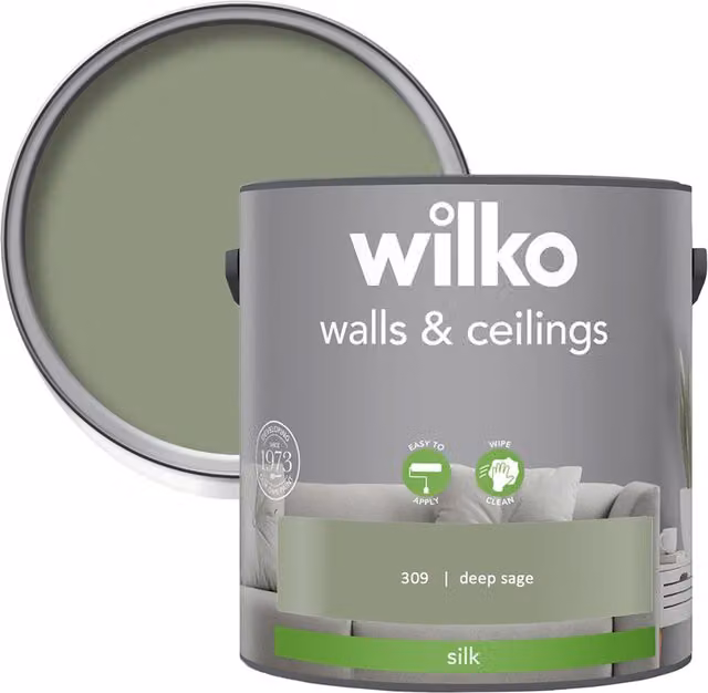 wilko Walls and Ceilings Silk Emulsion Paint, Green, 2.5 l