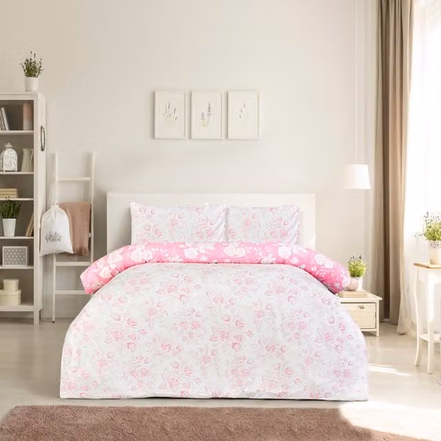 Smart Living Reversible Floral Toile Microfibre Duvet Cover and Pillowcase Set, Pink, W: 90 cm, H: 200 cm