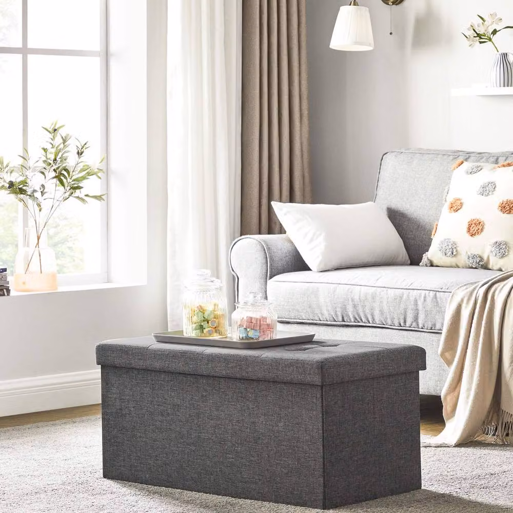 Dprodo Linen Storage Ottoman and Folding Foot Rest Stool in Grey, W/D/H: 76 x 38 x 38 cm – 2