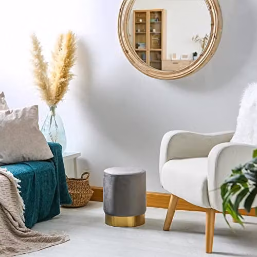 Harbour Housewares Round Velvet Pouffe Footstool in Grey, W/D/H: 29 x 29 x 36 cm – 2
