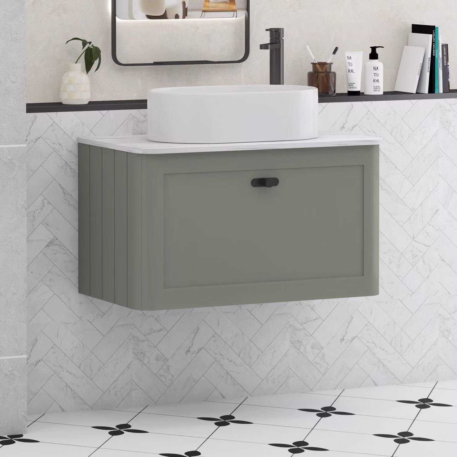 Royal Bathrooms Henley 800mm Sage Green Wall Hung Vanity Unit with Peak Basin and Matt Black Knob