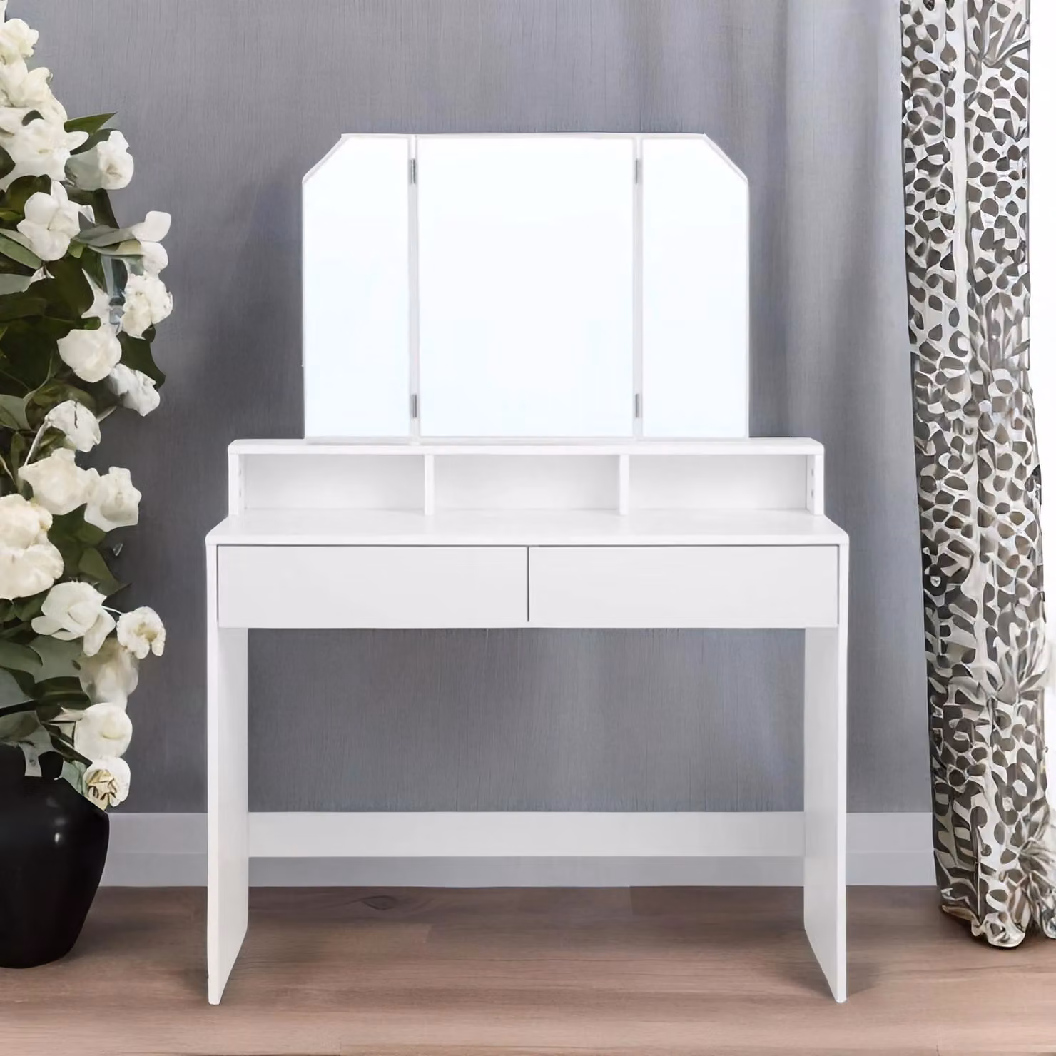 FURNOS Modern 2 Drawer Dressing Table with Tri-Fold Mirror in White – 2