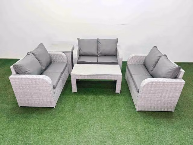 Fimous 6 Seater PE Wicker Rattan Garden Furniture Set in Light Grey with Oblong Coffee Table, 2 Seater Love Sofa and Side Table
