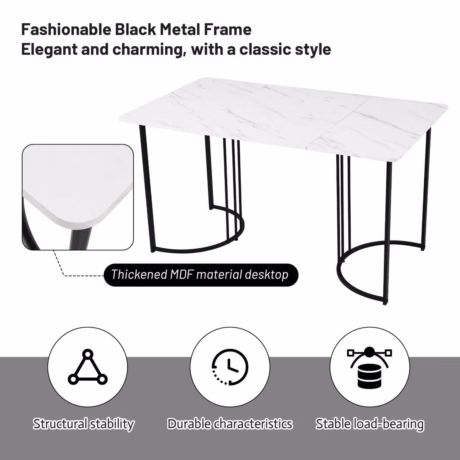 HomeTouch Rectangular Marble Effect Dining Table with Metal Frame in White – 2