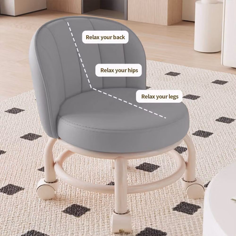 FORGEVIO Grey Rolling Low Stool with Castors and Synthetic Leather Seat – 3