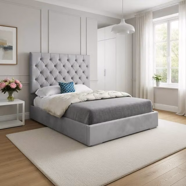 Casani Crantock Upholstered Grey Velvet Chesterfield Bed Frame W/D/H: 137.0 x 120 x 128 cm