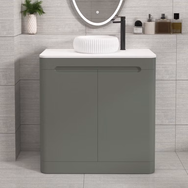 Royal Bathrooms Venice 800mm Sage Green Floor Standing 2 Door Vanity Unit with Plain White Worktop and Milan Basin