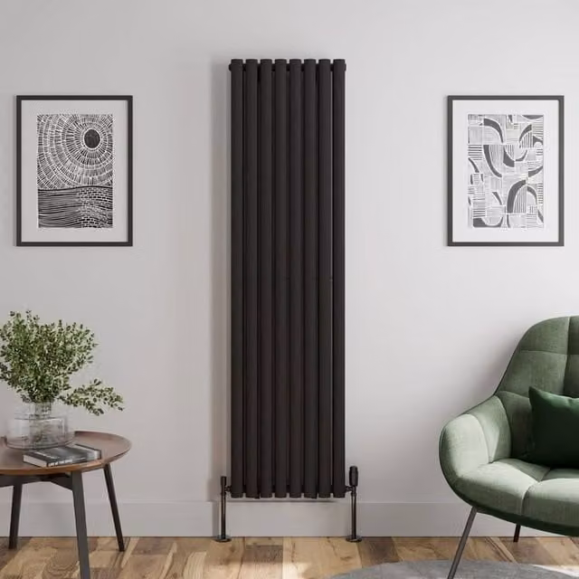 Temprazo Oval Tube Double Panel Vertical Designer Radiator in Black, H 180 x W 48 cm