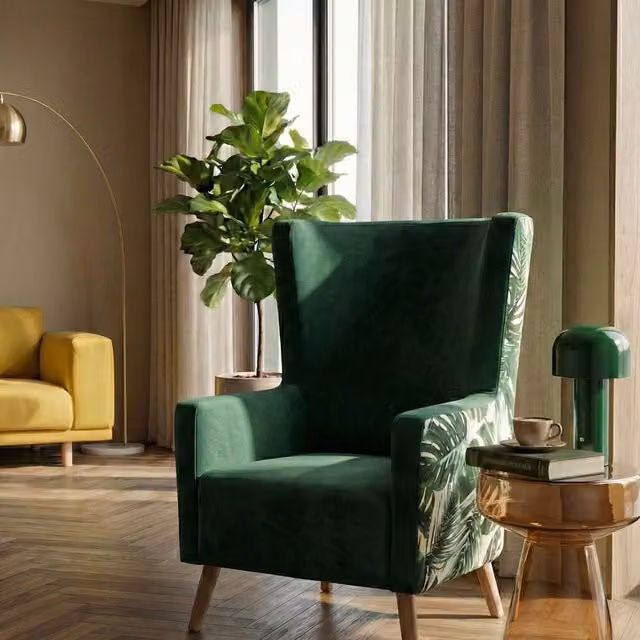 Wyld and Coco Retro Wingback Armchair in Deep Green Velvet with Rubberwood Legs – 1