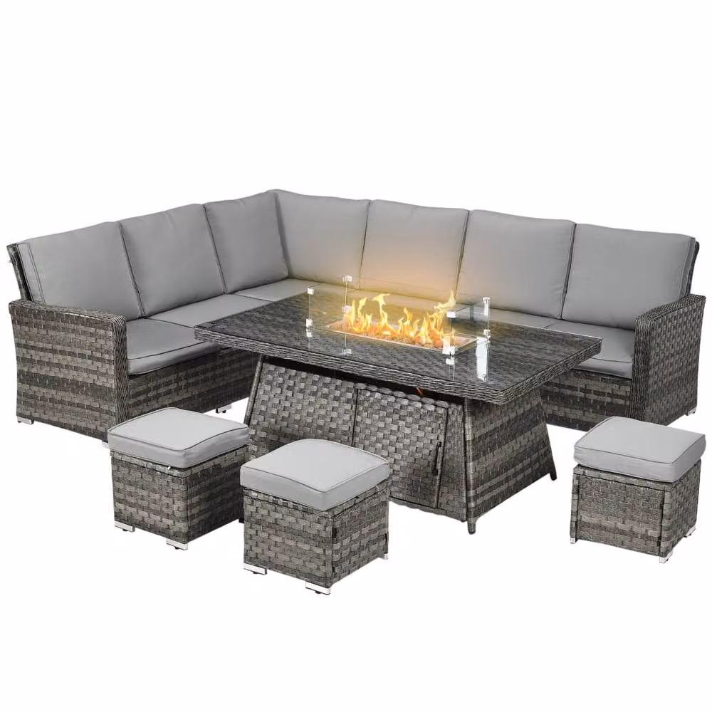 Wyld Haus Virire 9 Seater Grey Rattan U-Shape Garden Sofa Set with Gas Fire Pit Table and Upholstered Cushions – 2