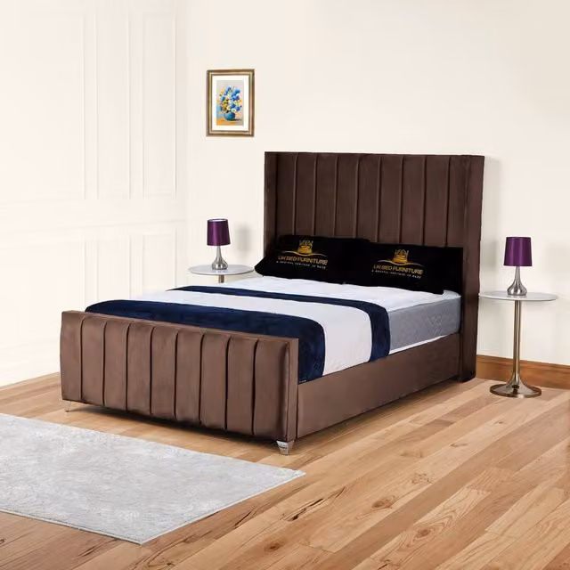 UK Bed Furniture Empire Winged Slatted Base Upholstered Velvet Bed in Brown, Size: 200 x 200 cm – 1