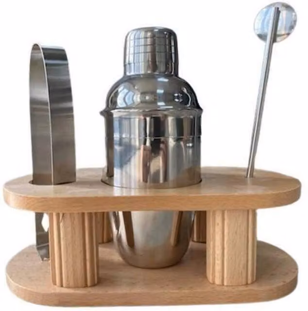Kelvenix 3 Piece Silver Stainless Steel Cocktail Shaker Set with Wooden Stand