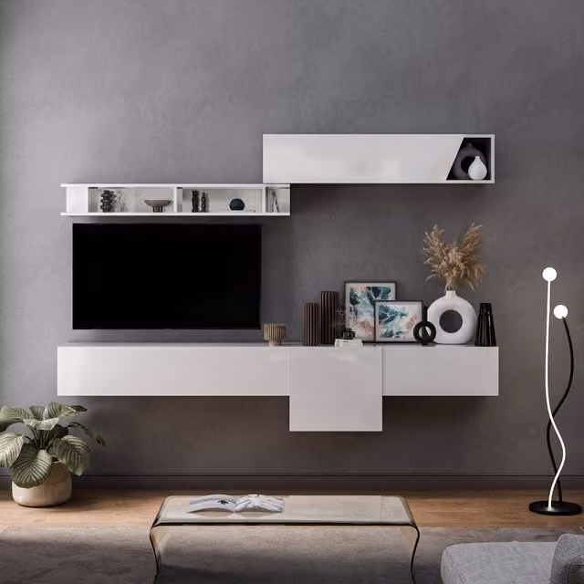 Decorotika Leiden Wall Mounted Minimalist Entertainment Center in High Gloss White