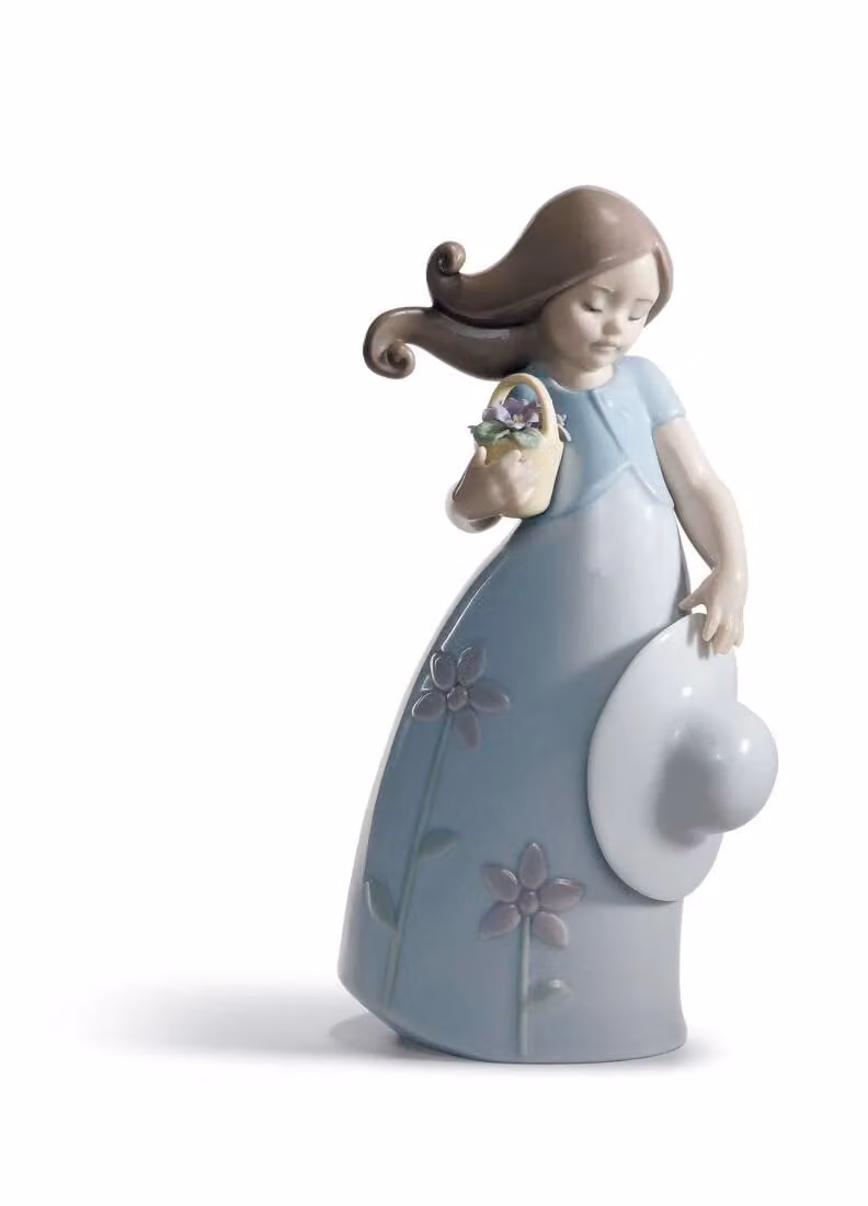Lladró Little Violet Girl Porcelain Figurine in Blue Floral Design