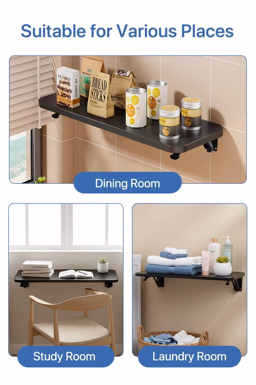 Living and Home Wall-mounted Folding Table with Black Metal Brackets – 3