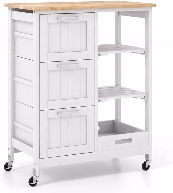 VOGREX White Rolling Utility Kitchen Cart with Lockable Wheels and Wood Finish – 1