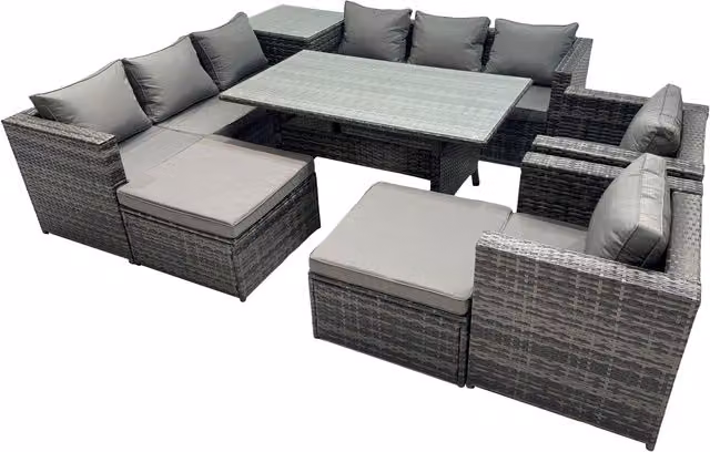 Fimous 10-Seater Outdoor Rattan Corner Sofa and Dining Set in Dark Grey Mixed