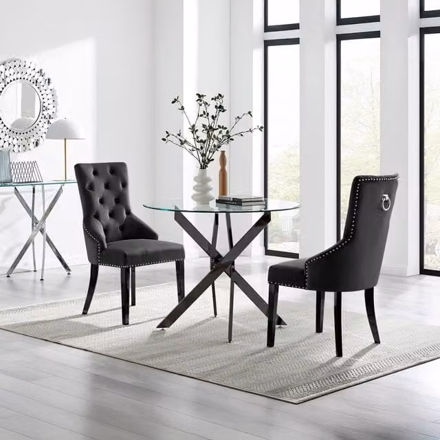 FurnitureboxUK Novara Round Glass Dining Table and 2 Belgravia Chairs in Black