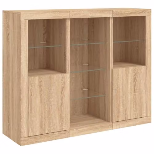 vidaXL Set of 3 Modern Sonoma Oak Sideboards with Integrated LED Lighting in Brown – 1